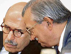 UN atomic energy chief Mohammed El Baradei (left) listens to Indian Atomic Energy Commission Chairman Anil Kakodkar at a function at the Advanced Centre for Treatment, Research & Education in Cancer (ACTREC) in Mumbai on Tuesday.