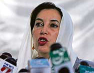 Benazir Bhutto speaks to mediapersons during a news conference in Karachi.