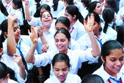 Students of Seth Hukam Chand SD Public Secondary School dance during a function in Jalandhar on Tuesday.