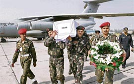 The body of Major Varinder Singh Sandhu, who was killed in an encounter in J&K on Friday, being taken to Jalandhar.