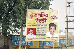 A hoarding of Kuldeep Bishnoi’s rally on the national highway at Fatehabad.