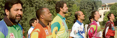 Inzamam-ul Haq, Brian Lara, Chris Cairns, Marvan Atapattu, Stuart Law and Craig McMillan, captains of the six participating teams in the ICLs Twenty20 tournament at the trophy unveiling ceremony in Chandigarh on Thursday.