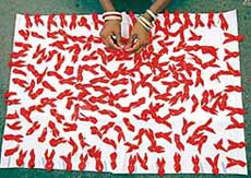 A female sex worker makes AIDS symbols with ribbons during an AIDS awareness campaign ahead of World AIDS Day at a red-light area in Siliguri on Friday. India has the world's third biggest caseload of people living with the deadly virus. After originally estimating some 5.7 million were infected in India, the U.N. reduced that estimate to 2.5 million.