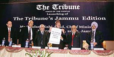The Chief Minister of Jammu and Kashmir, Mr Ghulam Nabi Azad (fourth from left), launches the Jammu edition of The Tribune in Jammu on Monday.