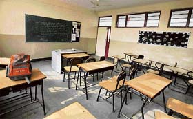 The bag of one of the boys who allegedly shot dead his classmate on Tuesday lies in the classroom in Gurgaon