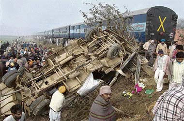 This is what remained of the mini-bus, carrying school-going children and women, after it was hit by the Satluj Express at Chuhar Chak railway crossing, in Moga district, on Friday morning