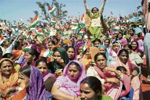 Women show their presence at an election rally at Nagrota Bagwan