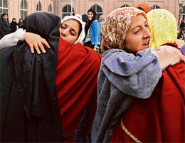 Mubarak! Happy hugs after Id al-Adha prayers at Hazratbal in Srinagar on Friday. Id al-Adha, or the feast of sacrifice, is Islams second biggest annual festival and marks the prophet Abrahams readiness to sacrifice his son Ismael on the orders of God.