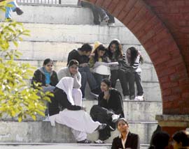 Students of Khalsa College for Women basking in the sun.