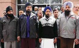 The Delhi Police Special Cell produces four arrested Babbar Khalsa militants  Tirlochan Singh, Kulwinderjeet Singh, Beekar Singh and Baljeet Singh Pahu  in front of the media in New Delhi