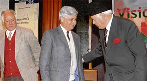 Dr Farooq Abdullah with former Army chief General V.P. Malik and former J&K DGP Gurbachan Jagat at the launch of ‘Vision Millennium’ in Chandigarh on Saturday.