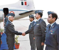 Air Officer Commanding-in-Chief, Maintenance Command, Air Marshal Gautam Nayyar is introduced to senior officers on his arrival at 3 BRD in Chandigarh on Saturday.