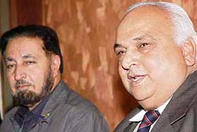 M.C. Sethi (right), president, Chandigarh Badminton Association, and T.P.S. Puri, general secretary, during a press conference at a local hotel in Sector 34, Chandigarh