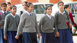 Students of Class VIII come out after taking their first exam at GMSSS-16, Chandigarh