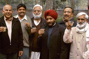Lecturers Nirmal Prakash, Manohar Lal (with principal Brahm Prakash), D.S. Kapoor, Sanjeev Soni and Ishwar Dayal in a cheerful mood soon at Government Arts College in Chandigarh on Wednesday.