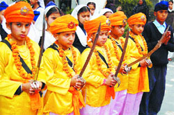 Kids dress up as ‘Panj Pyaras’ during a function at Bhai Gurdas Hall near Kotwali in Amritsar