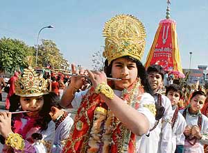 Children dressed up as Lord Krishna at Jagan Nath shobha yatra organised by Govind Dham in Sector 12, Panchkula, on Sunday.