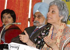 A speaker makes her point during the conference on child-friendly cities at Panjab University in Chandigarh