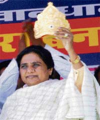 UP Chief Minister Mayawati with a gold crown at a rally in Jaipur