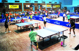 Players from different states in action during the 15th National Veteran Table Tennis Championship in Jalandhar on Thursday.