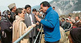 UPA chairperson Sonia Gandhi interacting with snowfall-affected people in Doda on Friday.