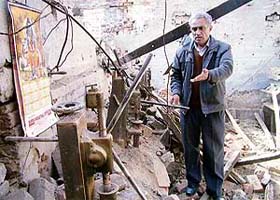 Tenant Anil Dilawri shows the damaged machinery of the industrial unit after the roof of the shed was demolished by cricketer Bishan Singh Bedi’s men in Amritsar