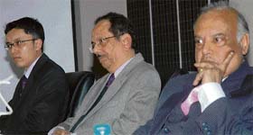 (From right) Justice Vijender Jain, Chief Justice of the Punjab and Haryana High Court and N.R. Raje, director of Centre for Alternative Energy Research, University of Petroleum, Dehra Dun, during a seminar on Renewable Energy and Climate Change, in Chandigarh