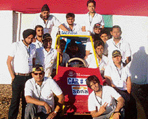 Students of the Institute of Technology & Management, Gurgaon, with their toy car.