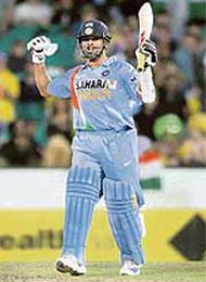 Sachin Tendulkar is jubilant after India beat Australia by six wickets in the first final of the one-day triangular series in Sydney
