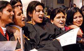 Girls of Guru Gobind Singh College for Women in a jubilant mood during their convocation in Chandigarh on Sunday.
