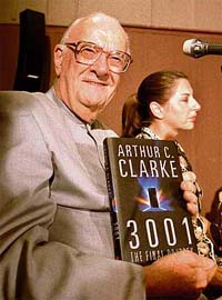 British science fiction writer Sir Arthur C. Clarke shows his book "3001: The Final Odyssey" at its launch held at Colombo's British Council in this undated file picture