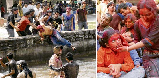 Students of Panjab University celebrate Holi at Student Centre; and (right) students from various colleges celebrate Holi with children of Prayas in Sector 38, Chandigarh