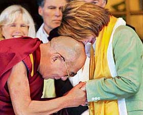 US House of Representatives Speaker Nancy Pelosi being welcomed by Tibetan spiritual leader Dalai Lama as she arrives to meet him in Dharamsala