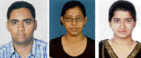 (L to R) Shiny Chalotra, student of Lord Mahavira Homoeopathic Medical College, Ludhiana, who stood first in the BHMS 2nd prof examination, Disha Wadhwa and Sonal Sharma of the same college who were bracketed second.
