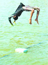 With mercury hitting north, a young boy takes a splash into the Durgiana Temple sarovar in Amritsar.