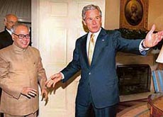 External affairs minister Pranab Mukherjee being received by US President George W. Bush at the Oval Office, White House, Washington, on Tuesday.