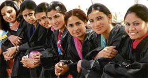 Girls from the Government College are a happy lot during their convocation function in Panchkula on Friday.