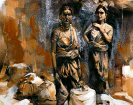 Paintings displayed in an exhibition in Ludhiana