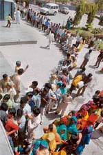 Voters await their turn to cast their ballot at ward No. 8 polling booth in Sector 16, Panchkula, on Sunday
