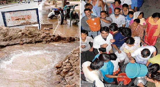 Work in progress to repair a water pipe on the road separating Sectors 29 and 30; and (right) residents scramble to fill buckets after the supply to their houses was snapped in Sector 29 A, Chandigarh