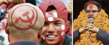 Supporters of the Communist Party of Nepal (Maoist) with the communist Hammer and Sickle take part in celebrations after the victory of Prachanda (right), former rebel leader and present chairman of the party