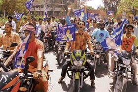 BSP workers take out a two-wheeler rally to mark the birth anniversary of Dr B.R. Ambedkar in Chandigarh