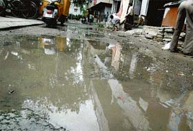 A street flooded with sewage following a blockage in pipeline at Attawa village, Chandigarh