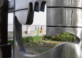 A view of the Sukhna Lake through the Open Hand in Chandigarh