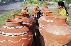 Earthen pots put on sale on Sohana road, Mohali,