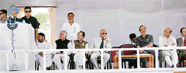 Prime Minister Manmohan Singh addresses a public meeting in Akhnoor on Friday.