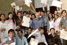 Students with actor Anupam Kher at the first convocation of STEPS in Chandigarh