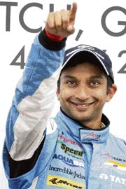 Narain Karthikeyan celebrates after winning the A1 Grand Prix Feature Race at Brands Hatch