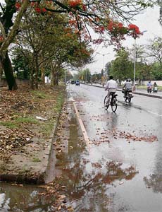 A scene after the rain at the Sectors 27 and 28 dividing road in Chandigarh on Saturday morning