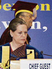 UPA chairperson Sonia Gandhi and union human resource development minister Arjun Singh during the eighth convocation of Jamia Hamdard University in New Delhi on Saturday.